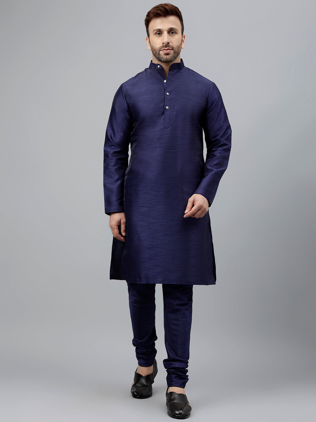 Hangup Men's Ethnic Navy Long Kurta Pyjama and Nehru Jacket Set