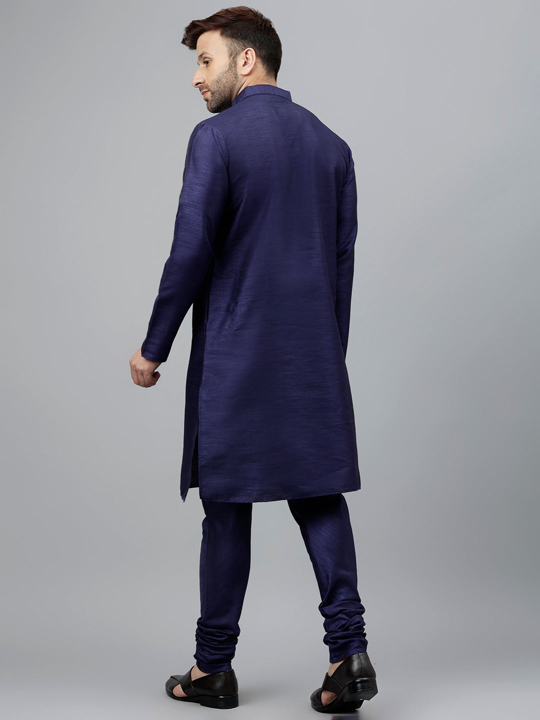 Hangup Men's Ethnic Navy Long Kurta Pyjama and Nehru Jacket Set