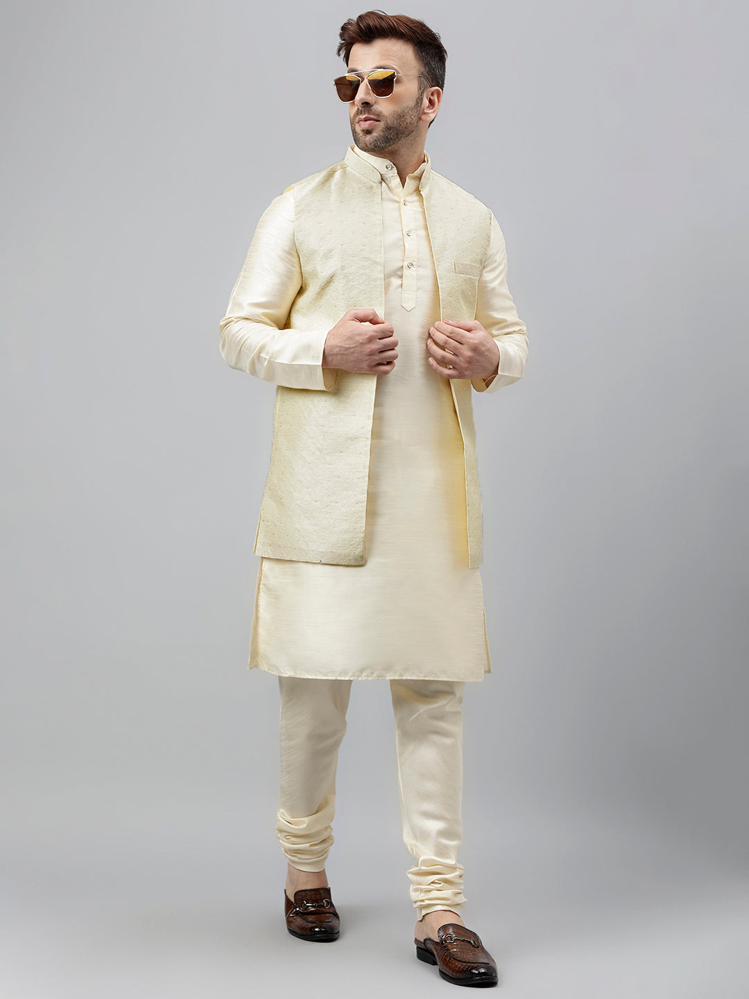 Hangup Men's Ethnic Off White Long Kurta Pyjama and Nehru Jacket Set