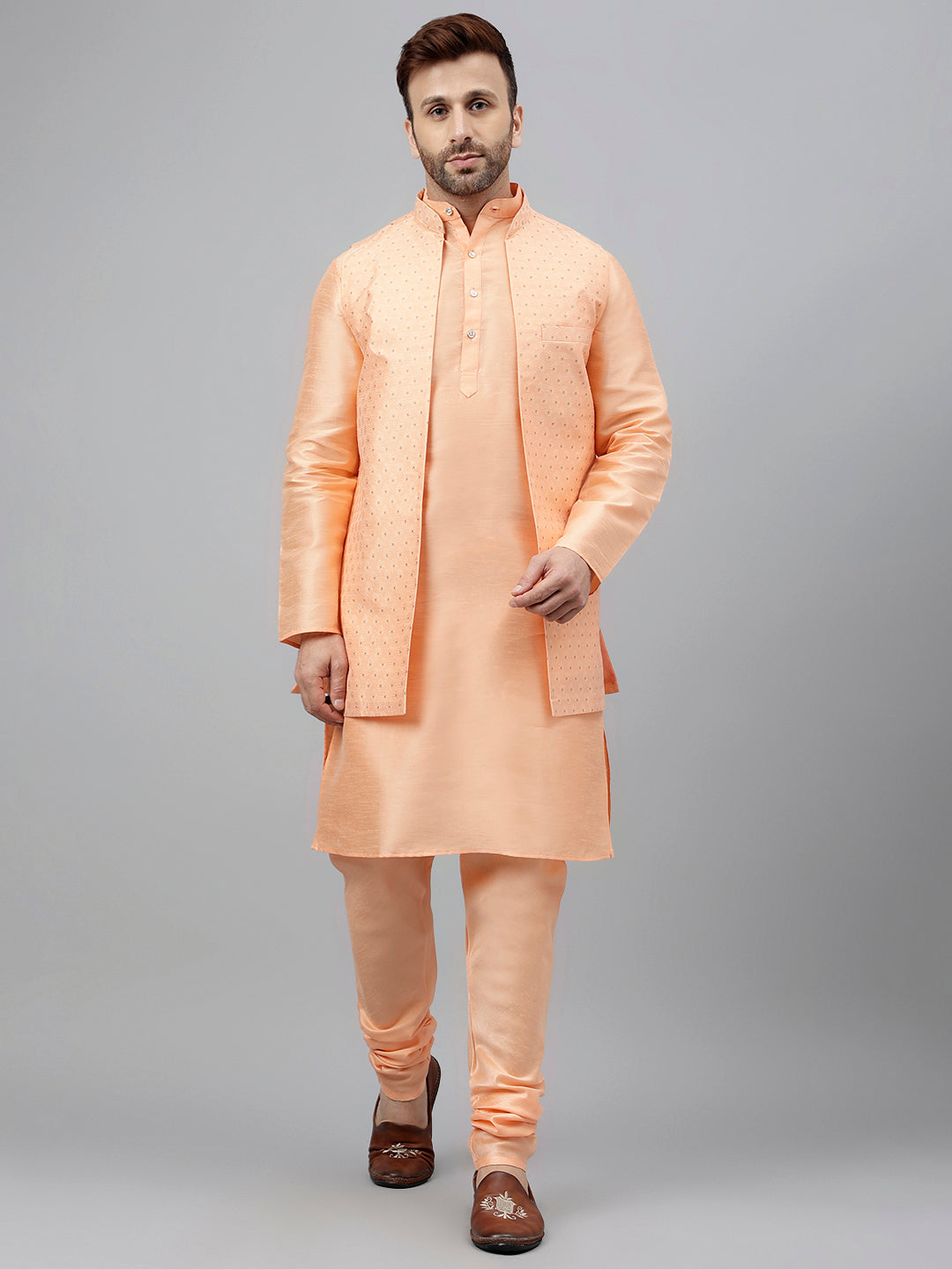 Hangup Men's Ethnic LightPeach Long Kurta Pyjama and Nehru Jacket Set