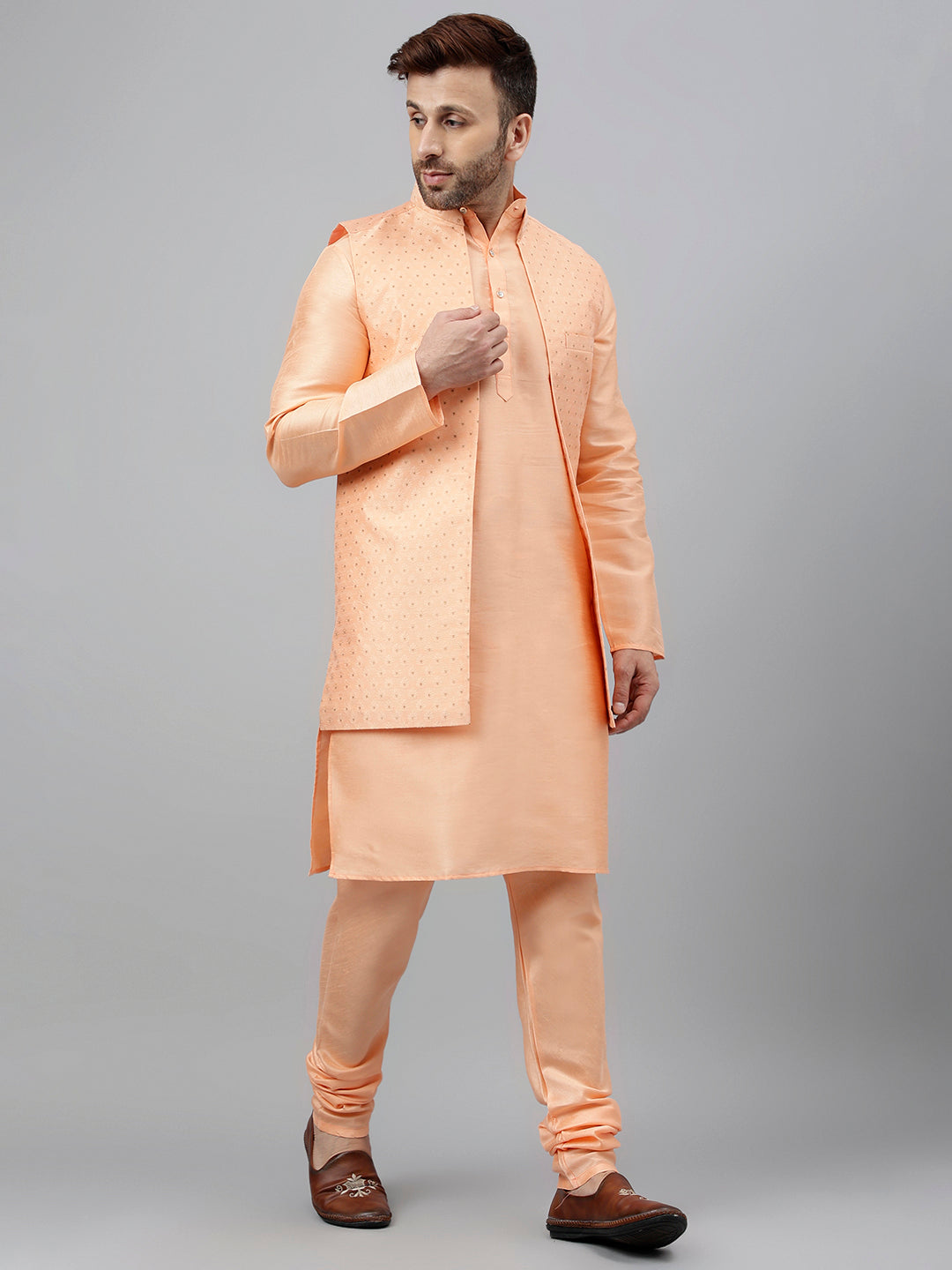 Hangup Men's Ethnic LightPeach Long Kurta Pyjama and Nehru Jacket Set
