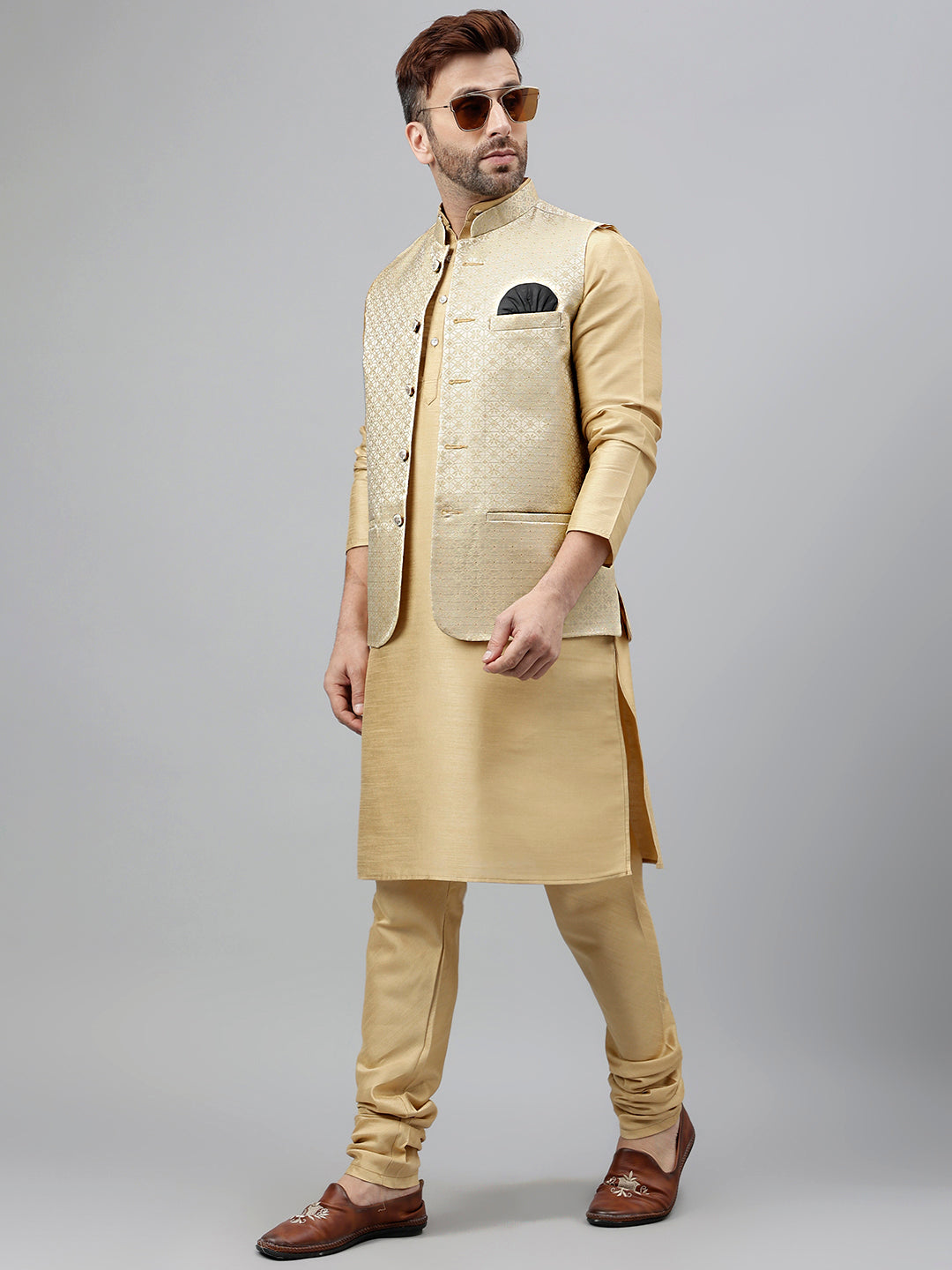 Hangup Men's Ethnic Khaki Long Kurta Pyjama and Nehru Jacket Set