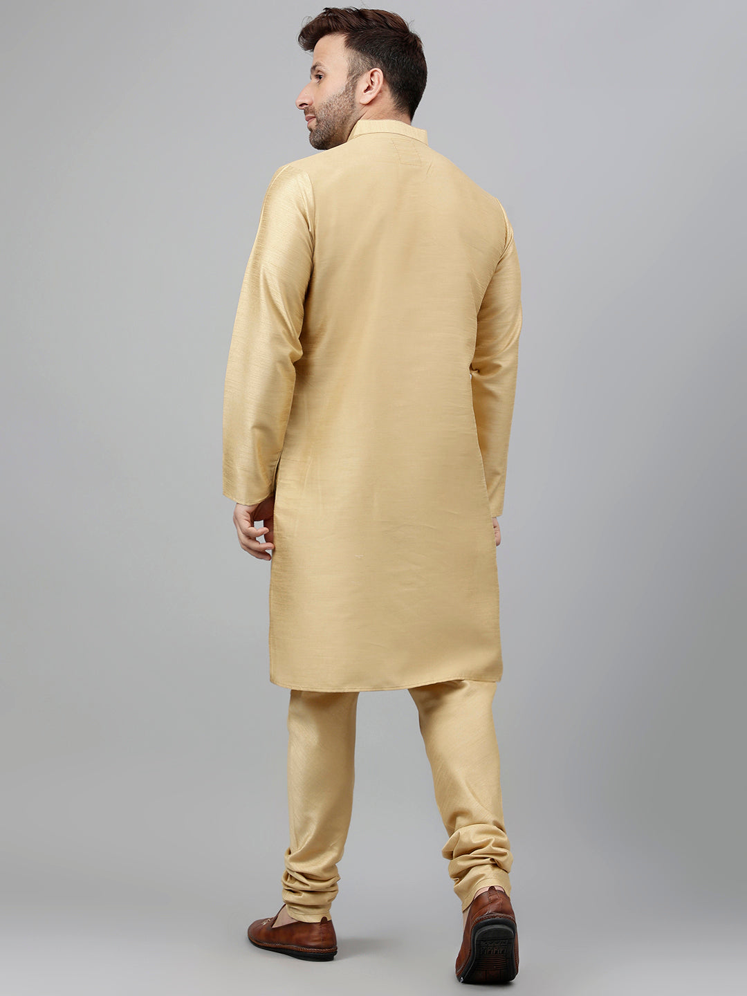 Hangup Men's Ethnic Khaki Long Kurta Pyjama and Nehru Jacket Set