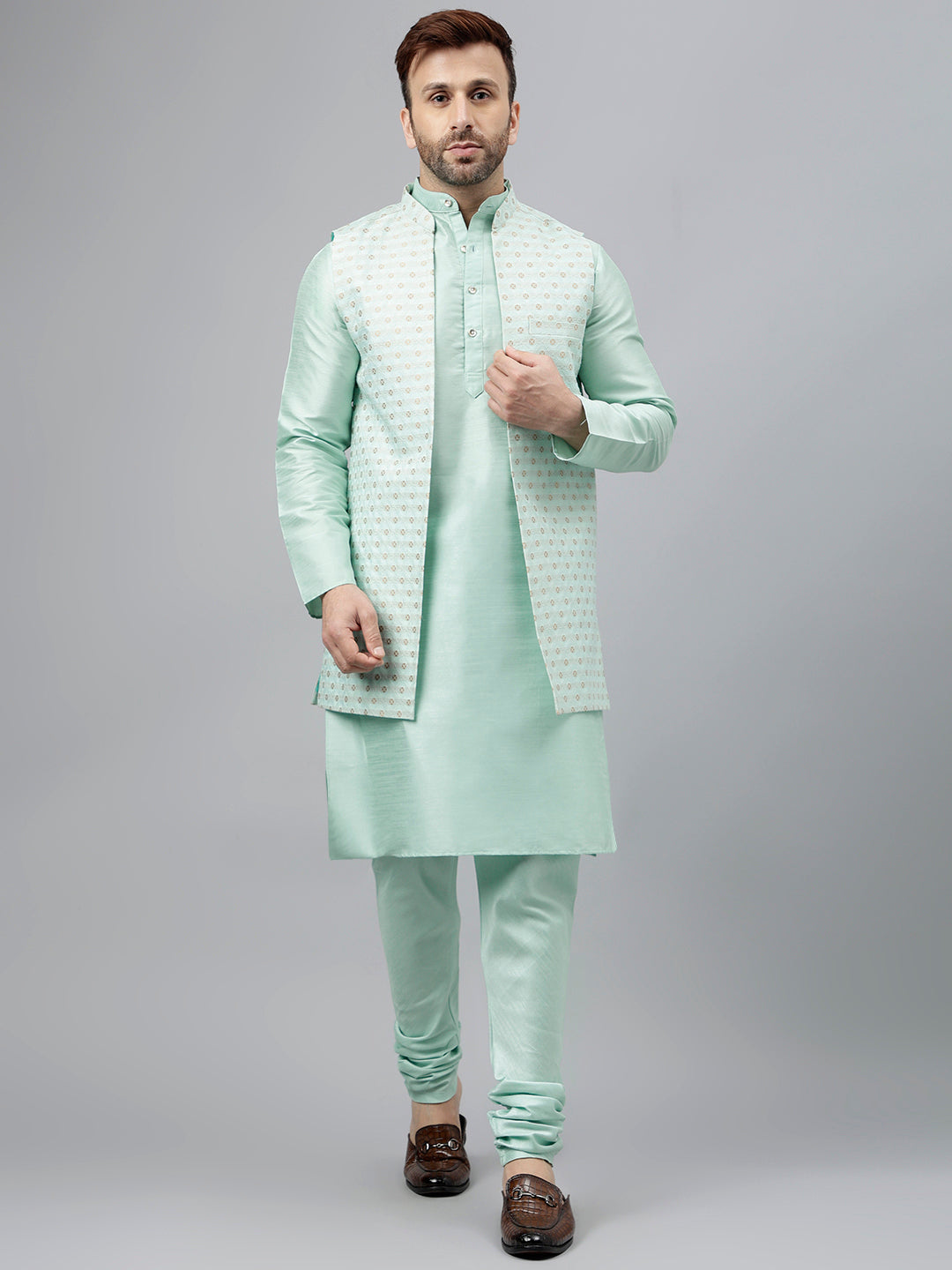 Hangup Men's Ethnic Light Green Long Kurta Pyjama and Nehru Jacket Set