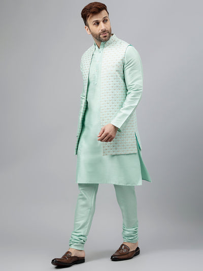 Hangup Men's Ethnic Light Green Long Kurta Pyjama and Nehru Jacket Set