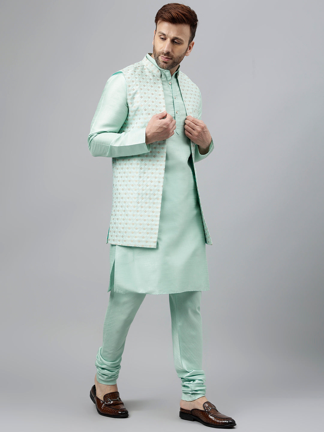 Hangup Men's Ethnic Light Green Long Kurta Pyjama and Nehru Jacket Set