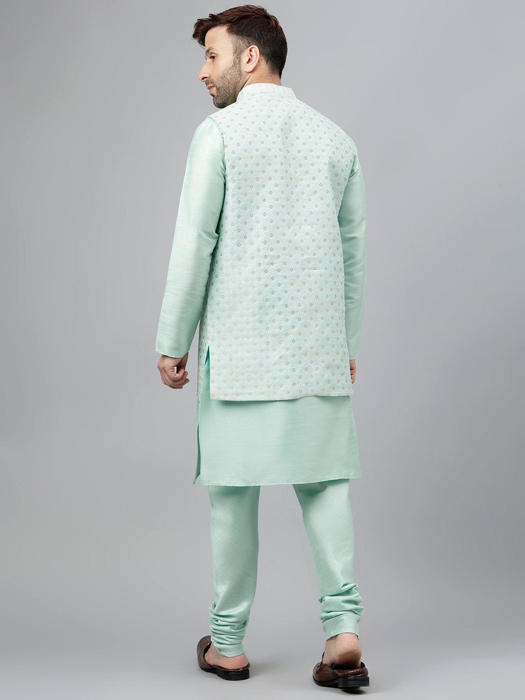 Hangup Men's Ethnic Light Green Long Kurta Pyjama and Nehru Jacket Set