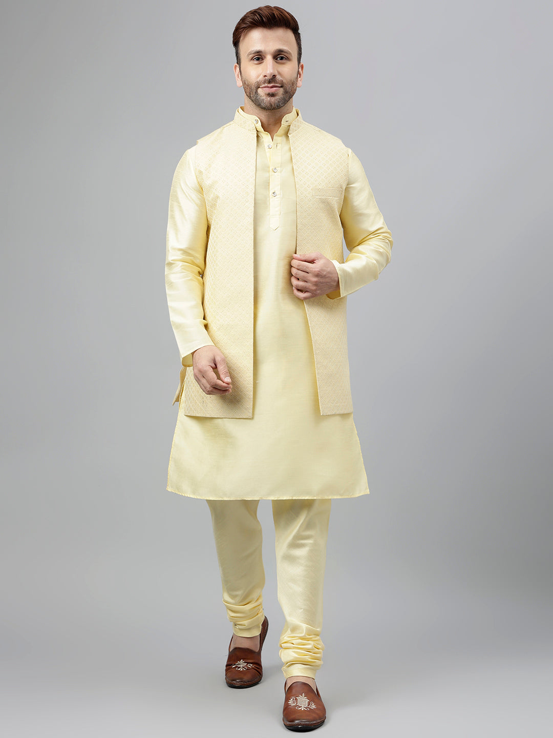 Hangup Men's Ethnic Lemon Long Kurta Pyjama and Nehru Jacket Set