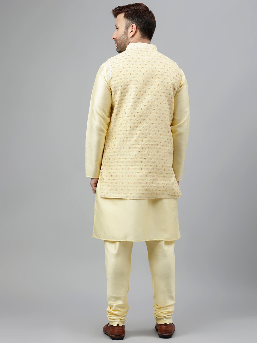 Hangup Men's Ethnic Lemon Long Kurta Pyjama and Nehru Jacket Set