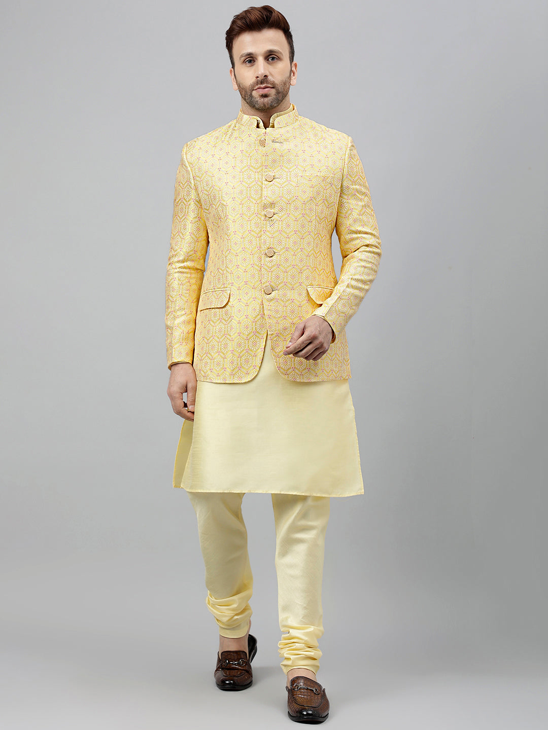 Hangup Men's Partywear Lemon KurtaSet