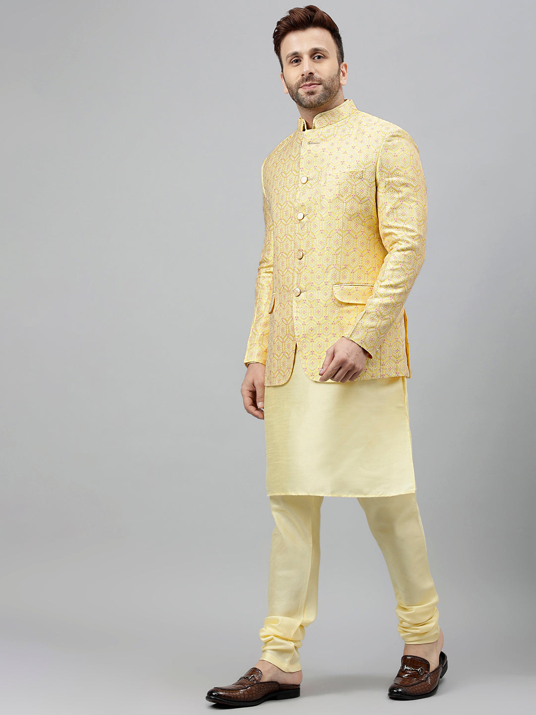 Hangup Men's Partywear Lemon KurtaSet