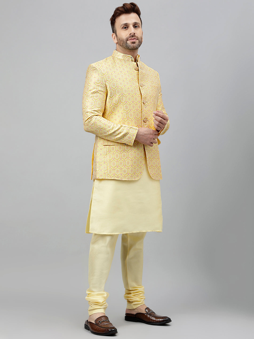 Hangup Men's Partywear Lemon KurtaSet