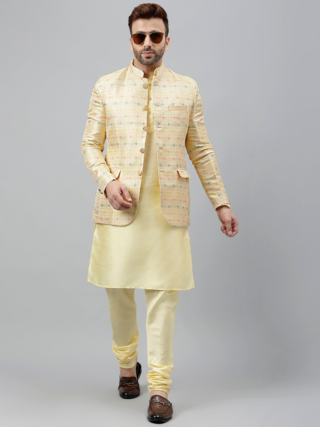 Hangup Men's Partywear Lemon KurtaSet