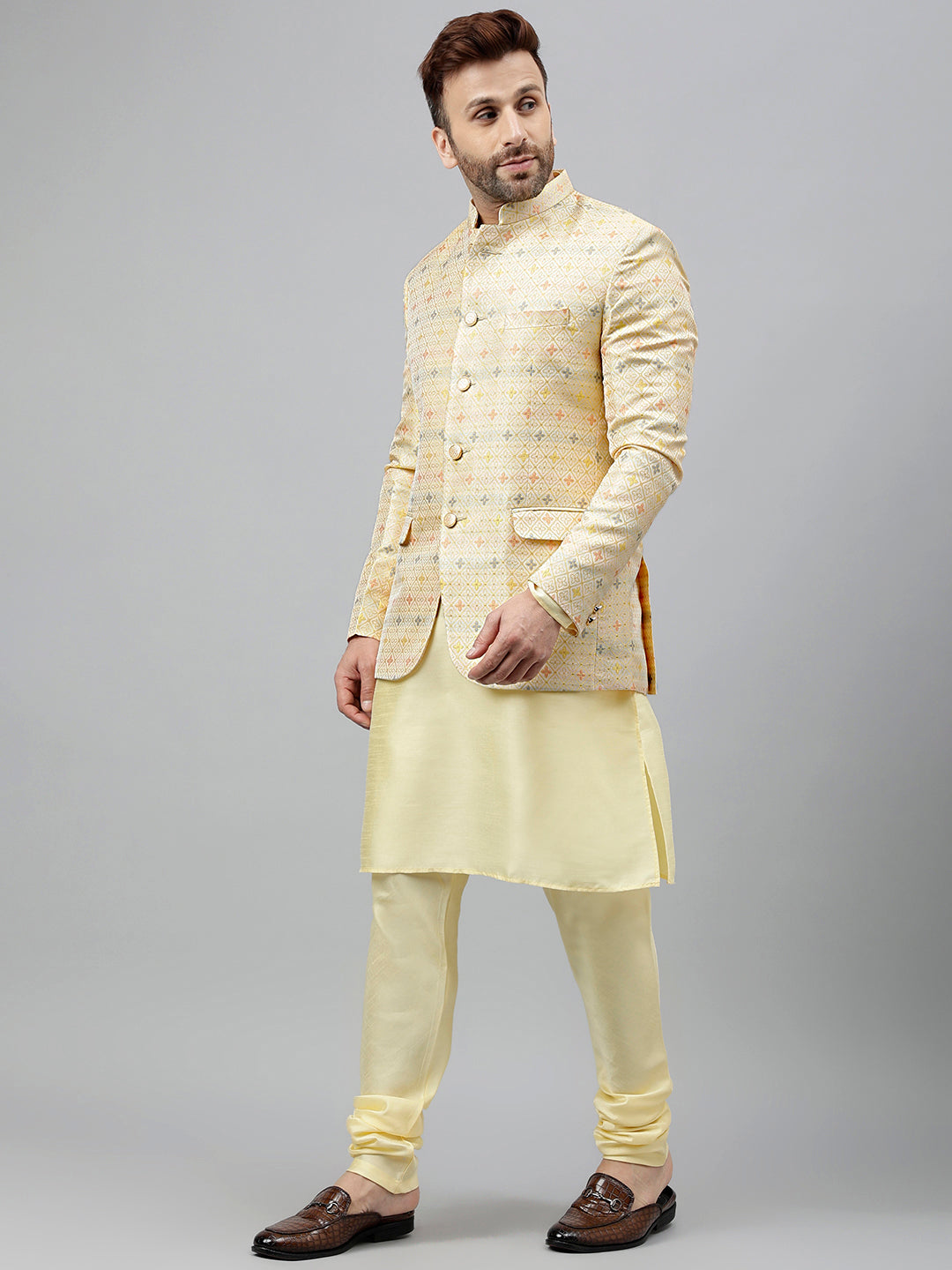 Hangup Men's Partywear Lemon KurtaSet