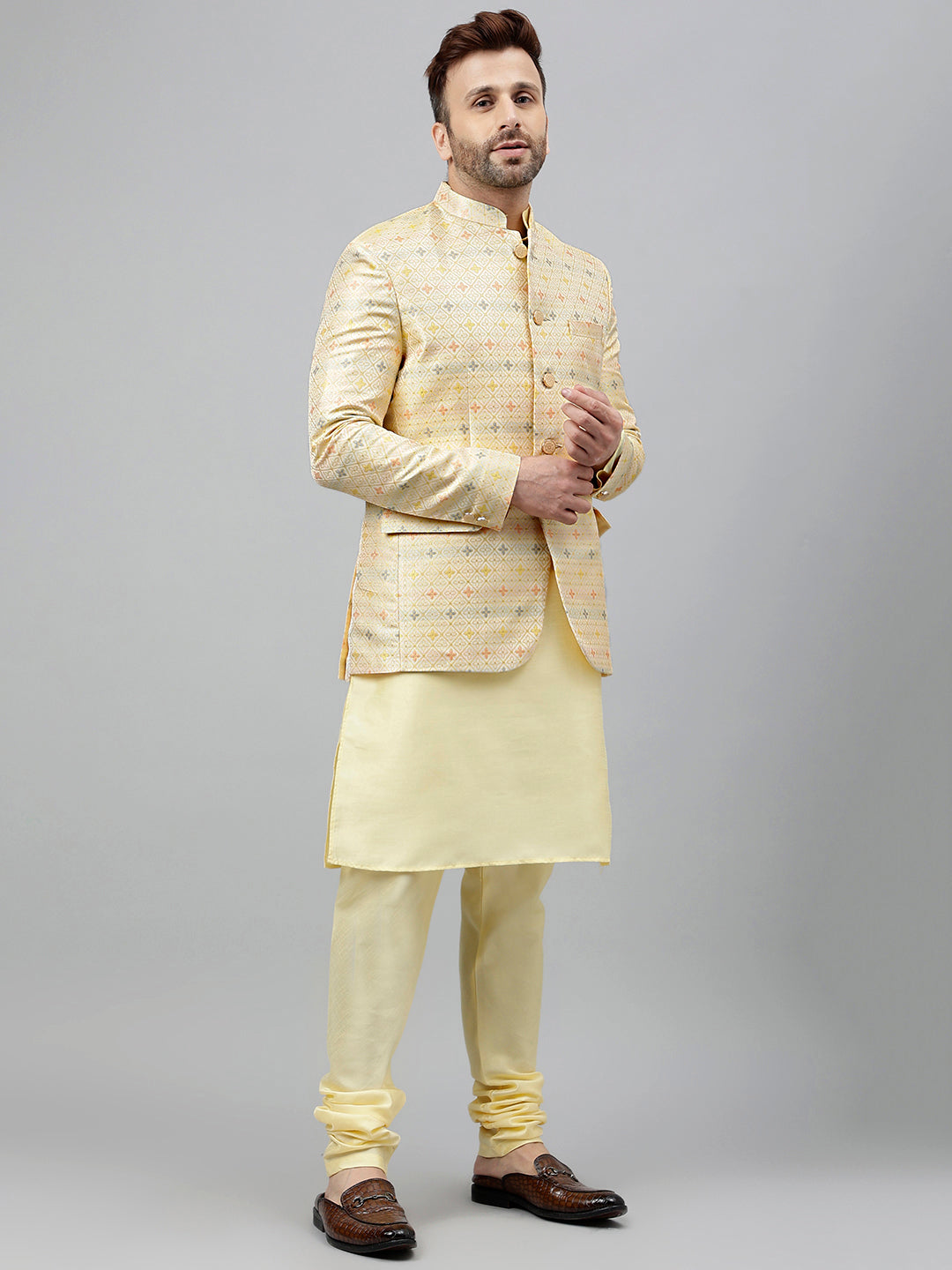 Hangup Men's Partywear Lemon KurtaSet