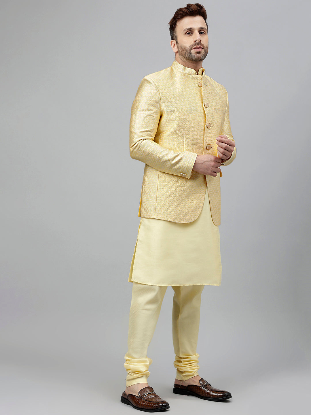 Hangup Men's Partywear Lemon KurtaSet