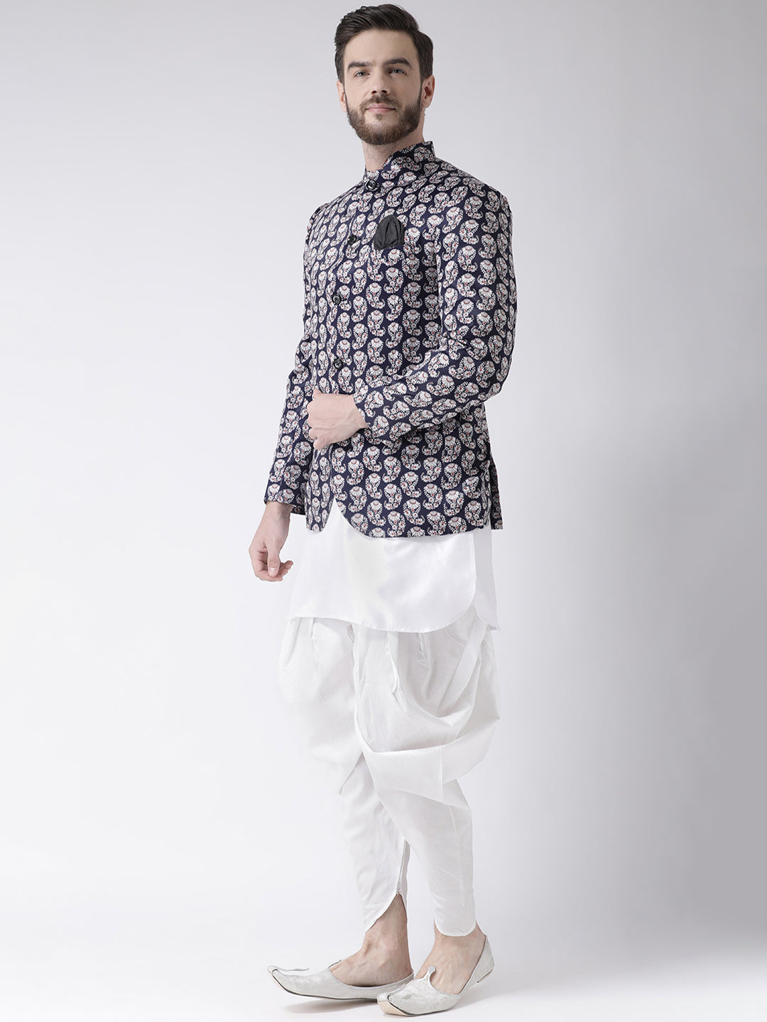 Hangup Men Partywear Printed Kurta Harem Blazer