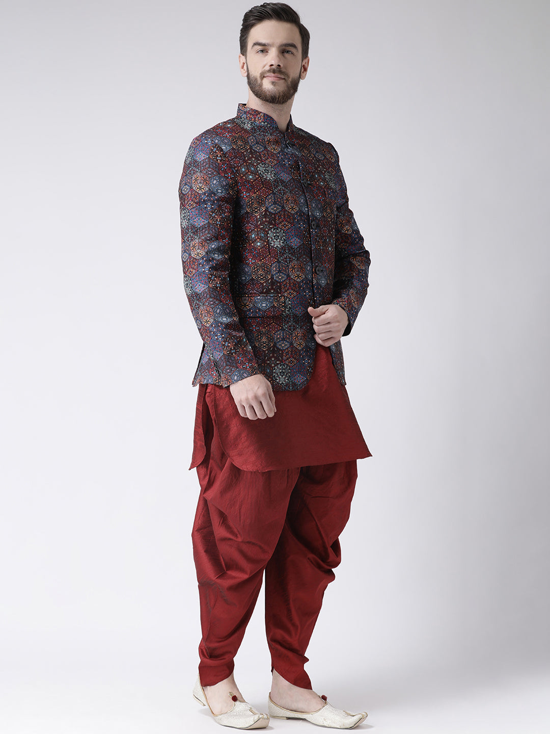 Hangup Men Partywear Printed Kurta Harem Blazer