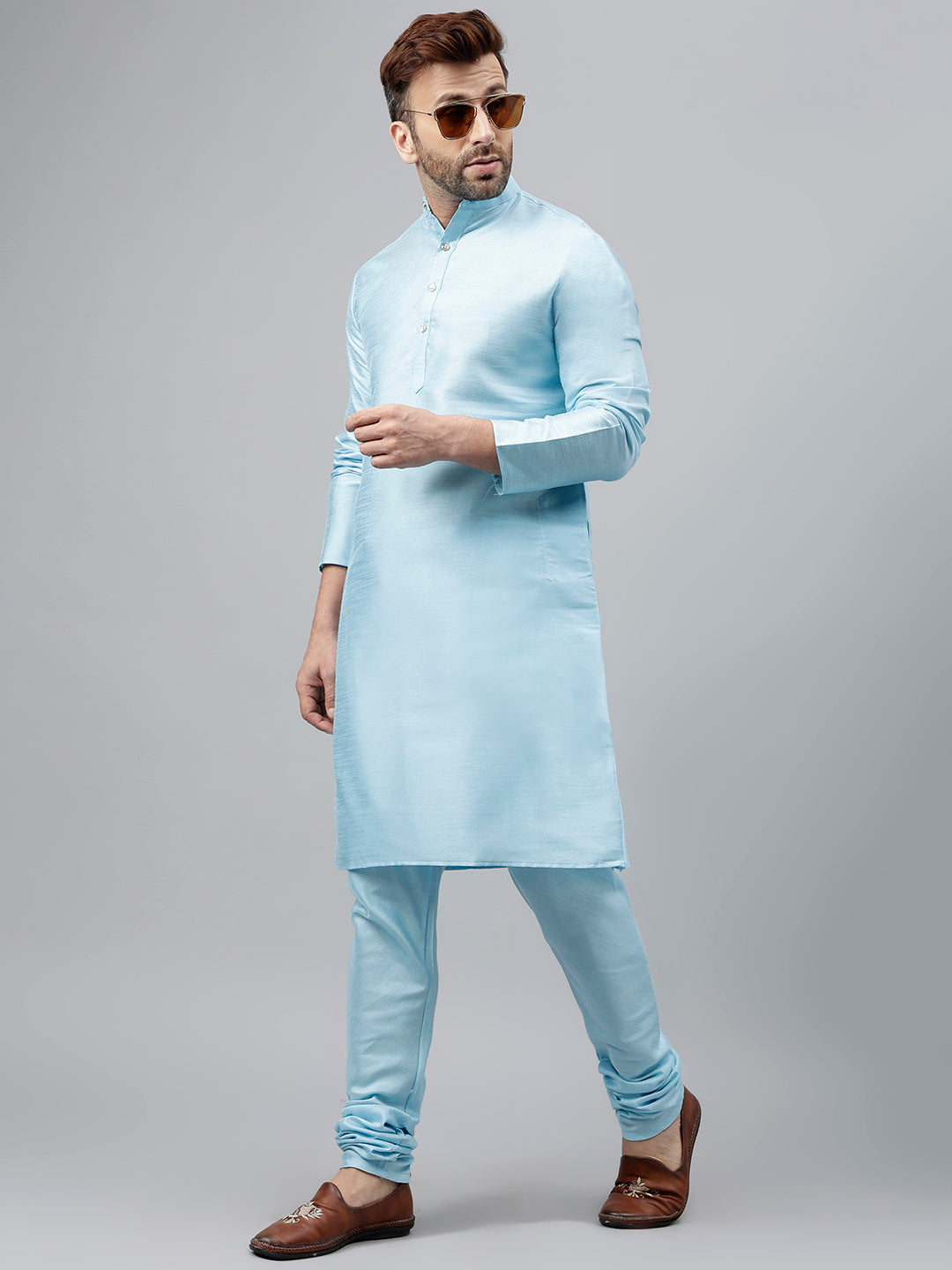 Hangup Men's Ethnic Solid Aqua Kurta