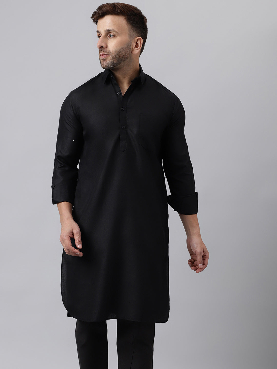 Hangup Men's Ethnic Solid Black Pathani Kurta