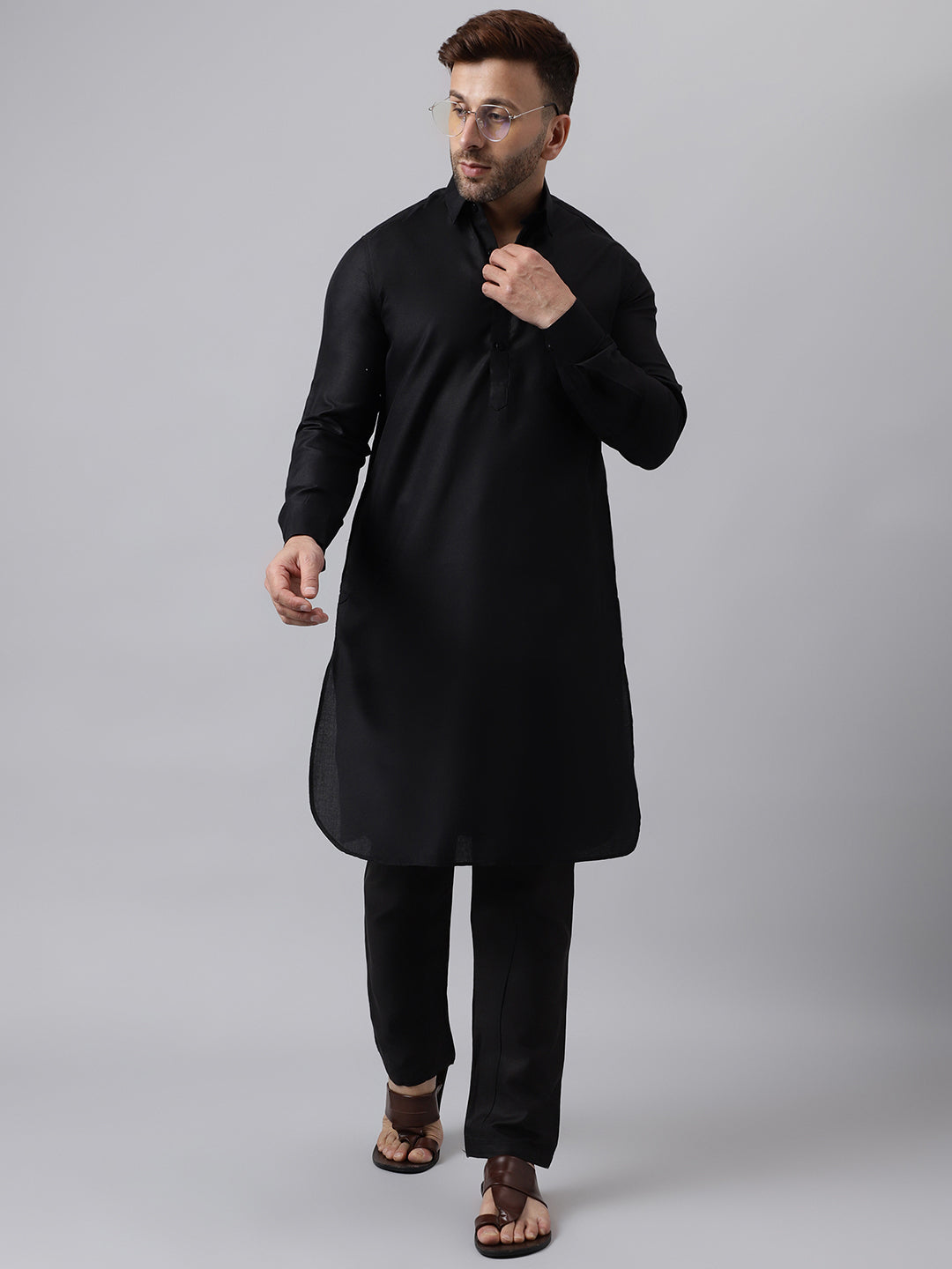 Hangup Men's Ethnic Solid Black Pathani Kurta