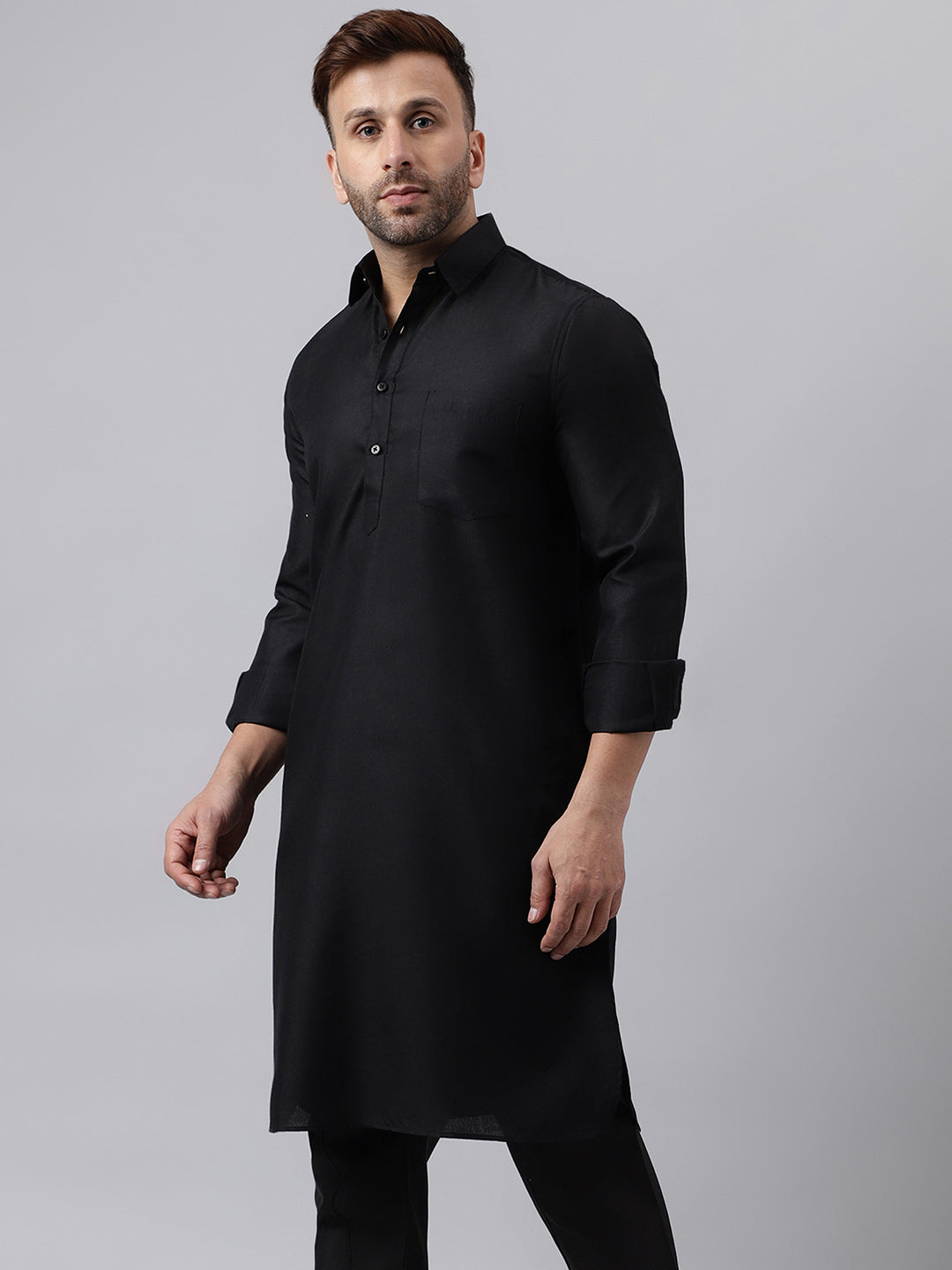 Hangup Men's Ethnic Solid Black Pathani Kurta