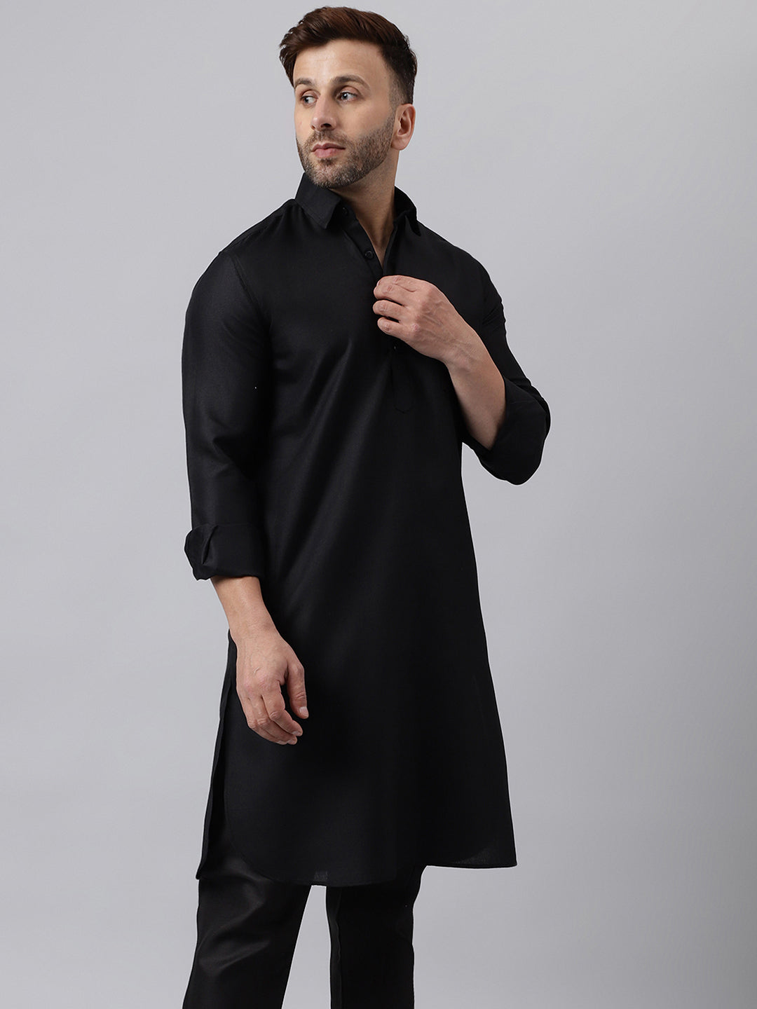 Hangup Men's Ethnic Solid Black Pathani Kurta