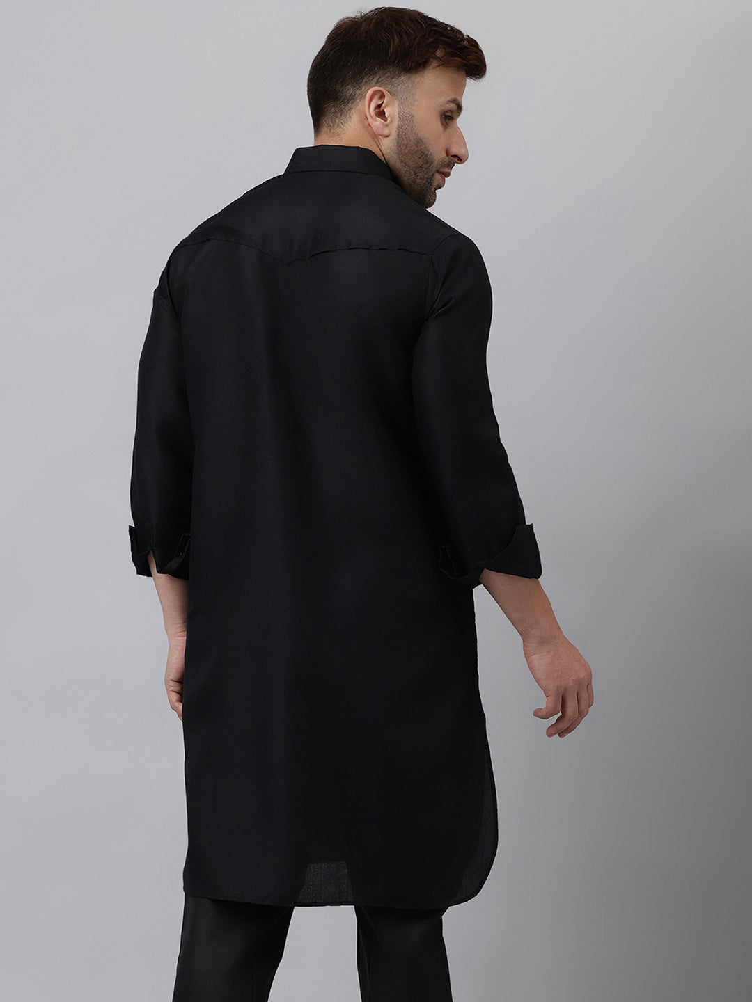 Hangup Men's Ethnic Solid Black Pathani Kurta