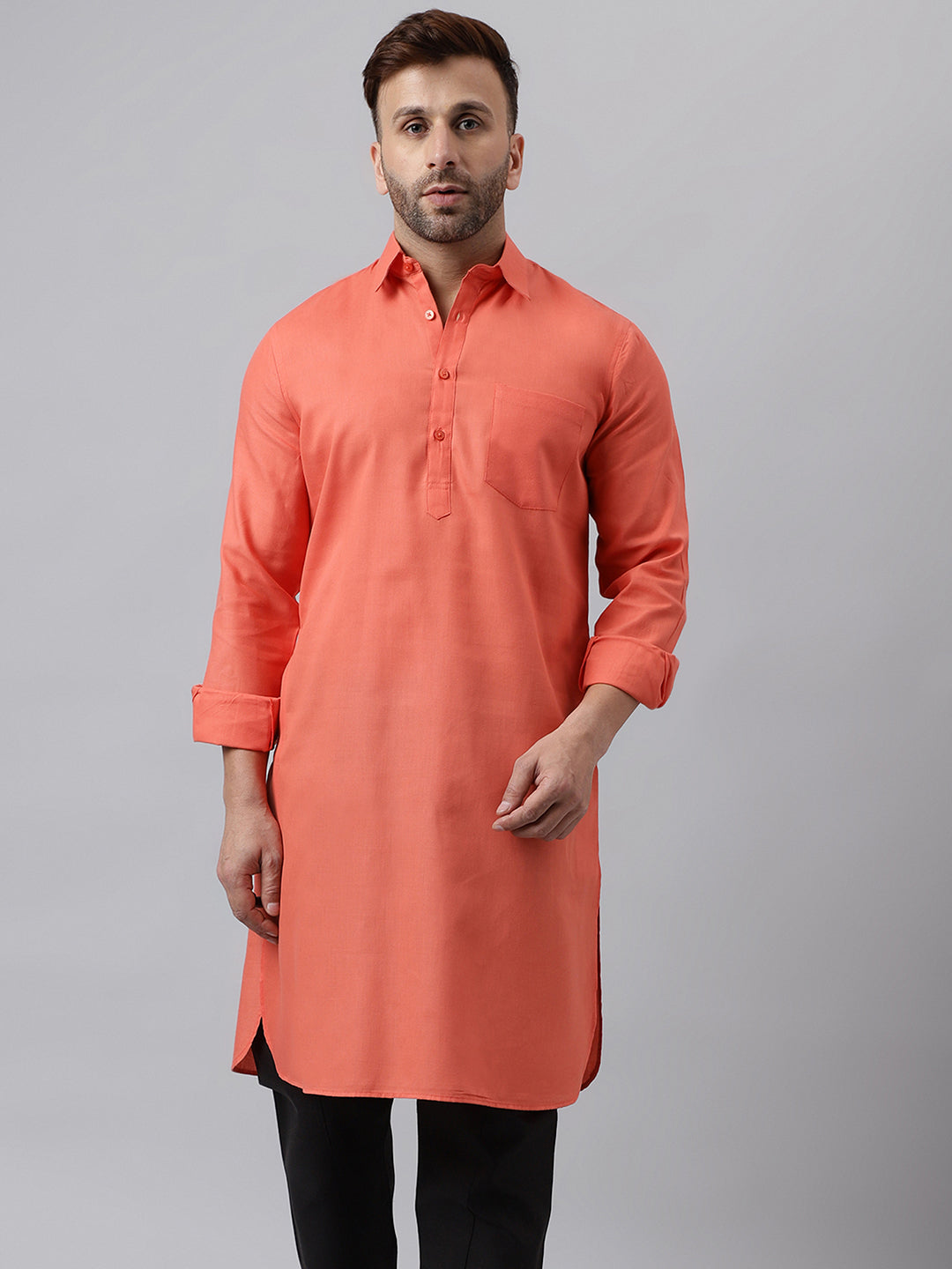 Hangup Men's Ethnic Solid Cherry Pathani Kurta