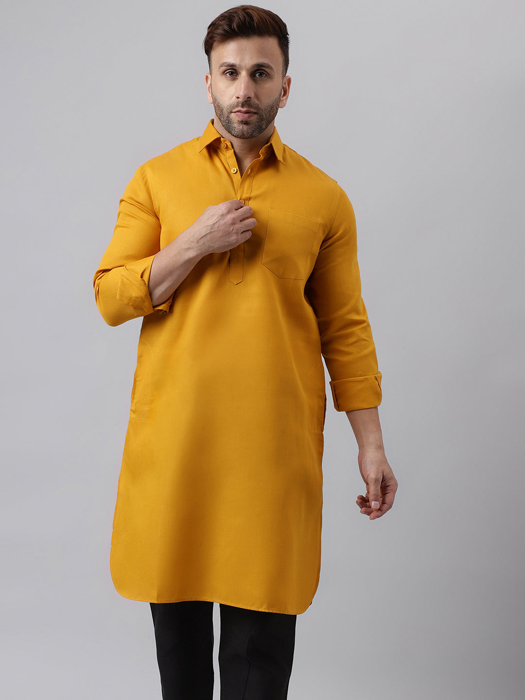 Hangup Men's Ethnic Solid Mustred Pathani Kurta