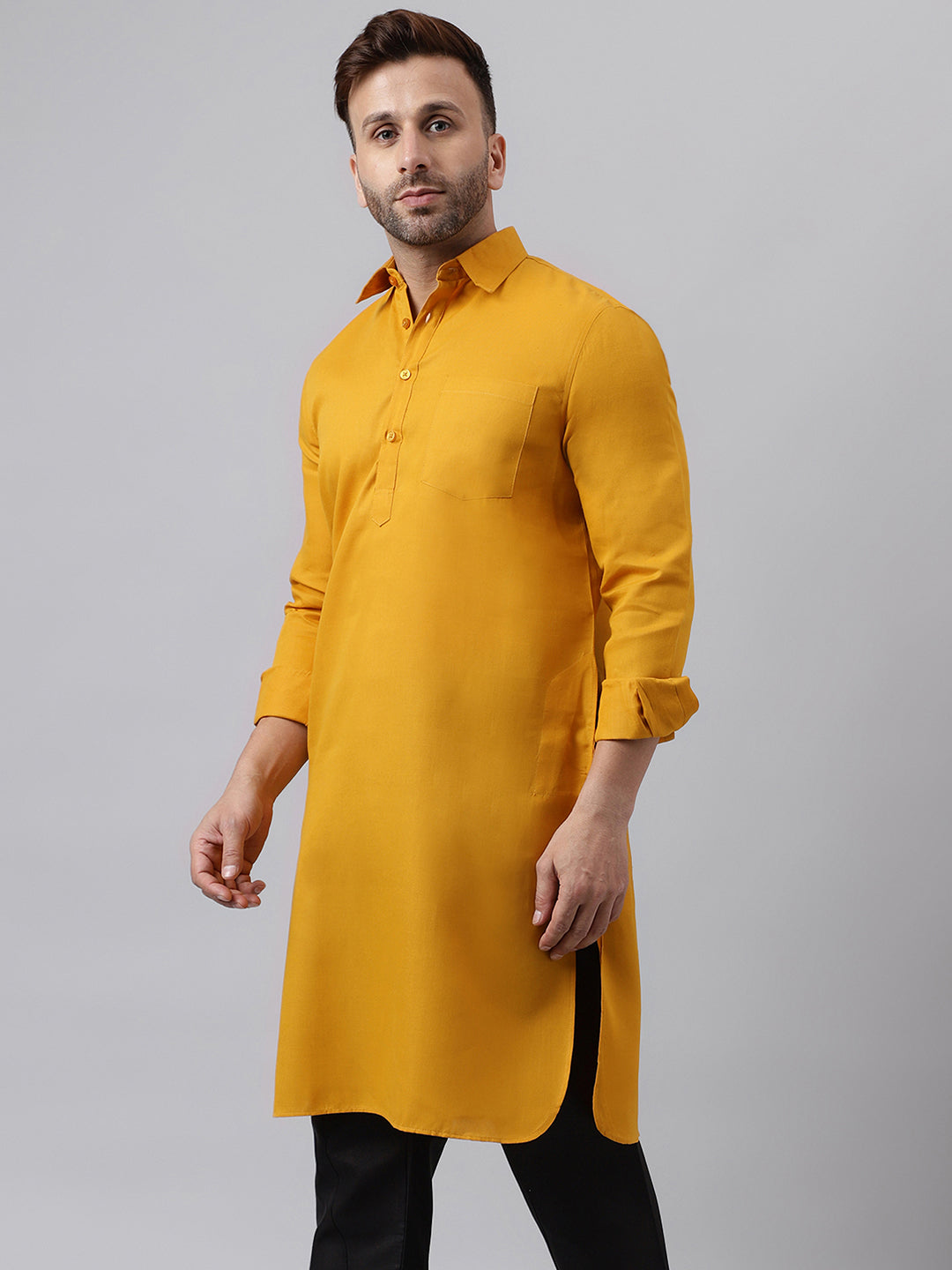 Hangup Men's Ethnic Solid Mustred Pathani Kurta