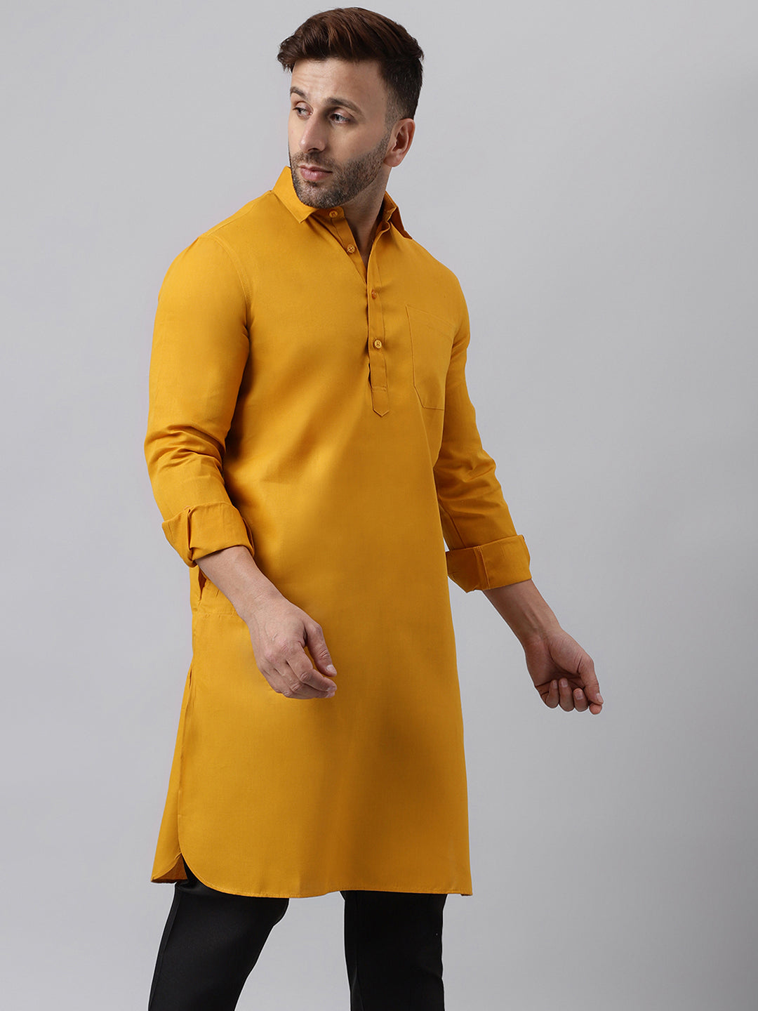 Hangup Men's Ethnic Solid Mustred Pathani Kurta