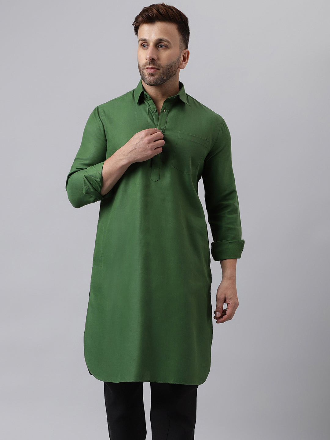 Hangup Men's Ethnic Solid Green Pathani Kurta