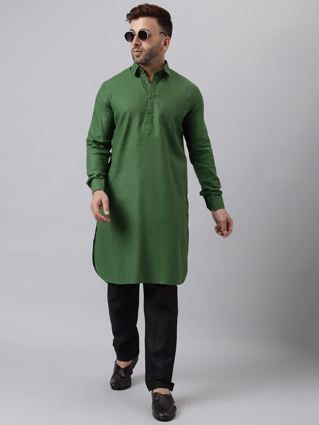 Hangup Men's Ethnic Solid Green Pathani Kurta