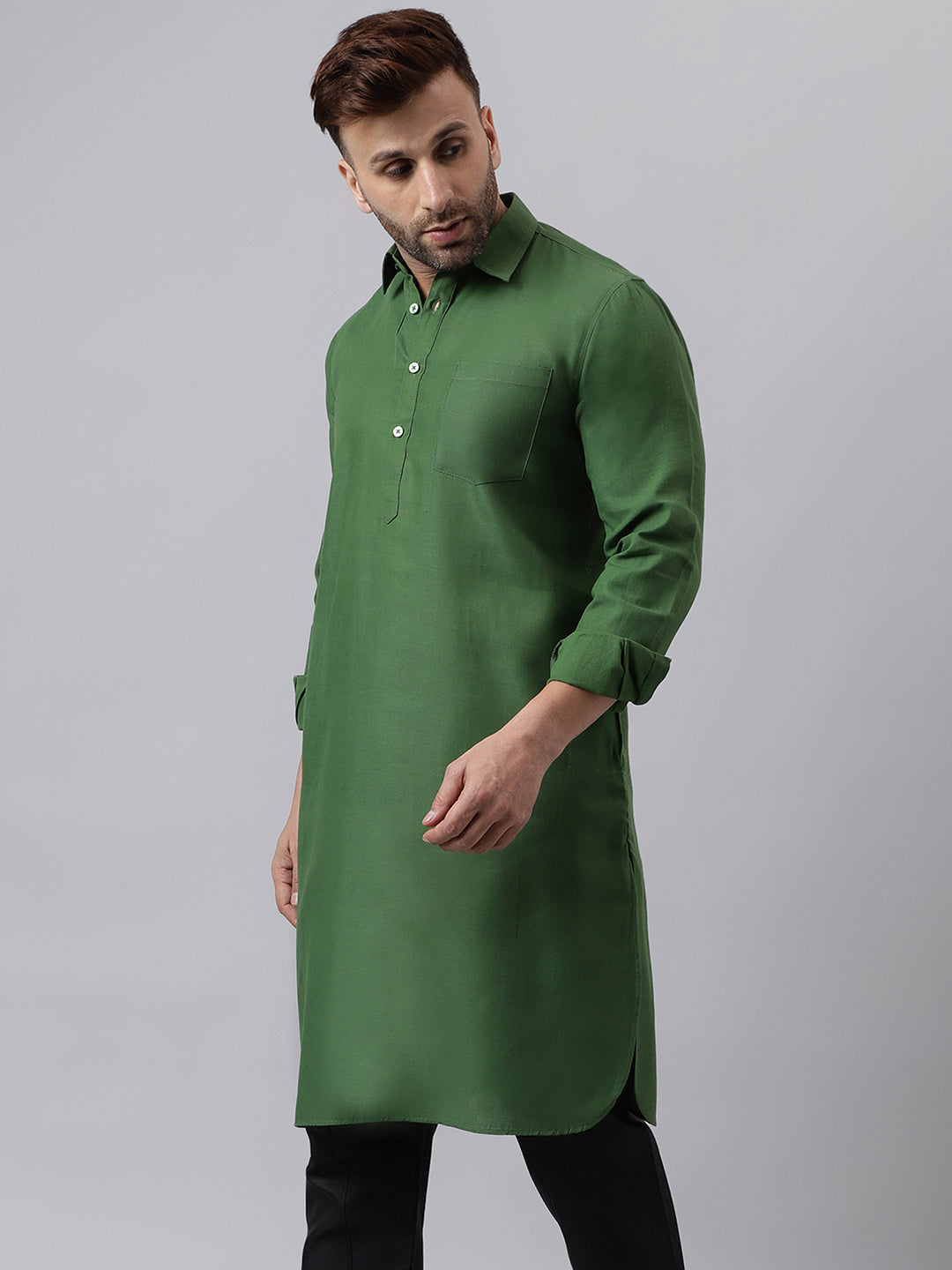 Hangup Men's Ethnic Solid Green Pathani Kurta