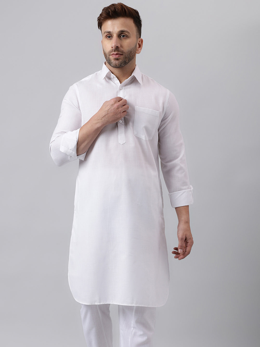 Hangup Men's Ethnic Solid White Pathani Kurta