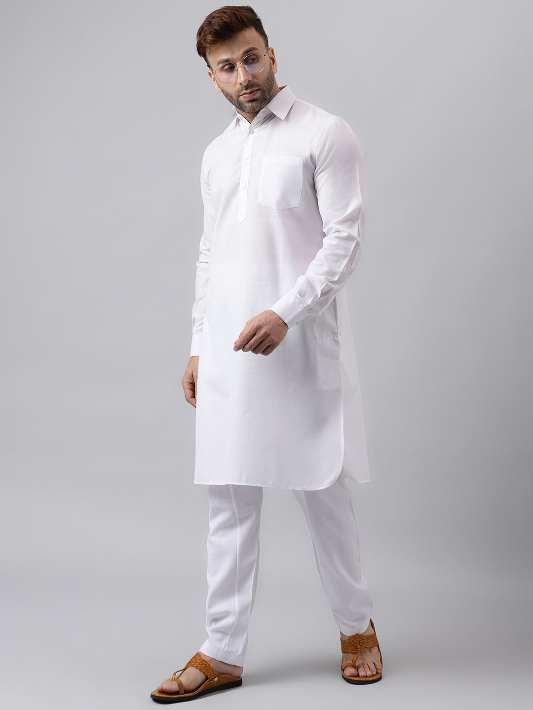 Hangup Men's Ethnic Solid White Pathani Kurta