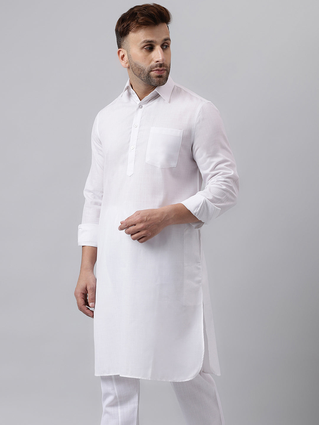 Hangup Men's Ethnic Solid White Pathani Kurta