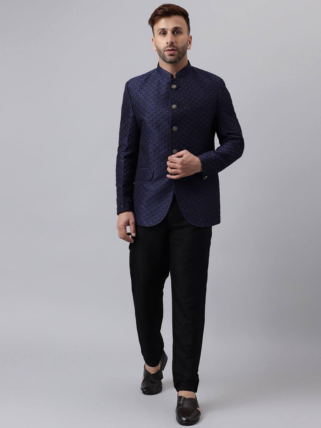Hangup Men Ethnic Partywear Jacquard Navy Coat with Solid Black Elastic Pant Set