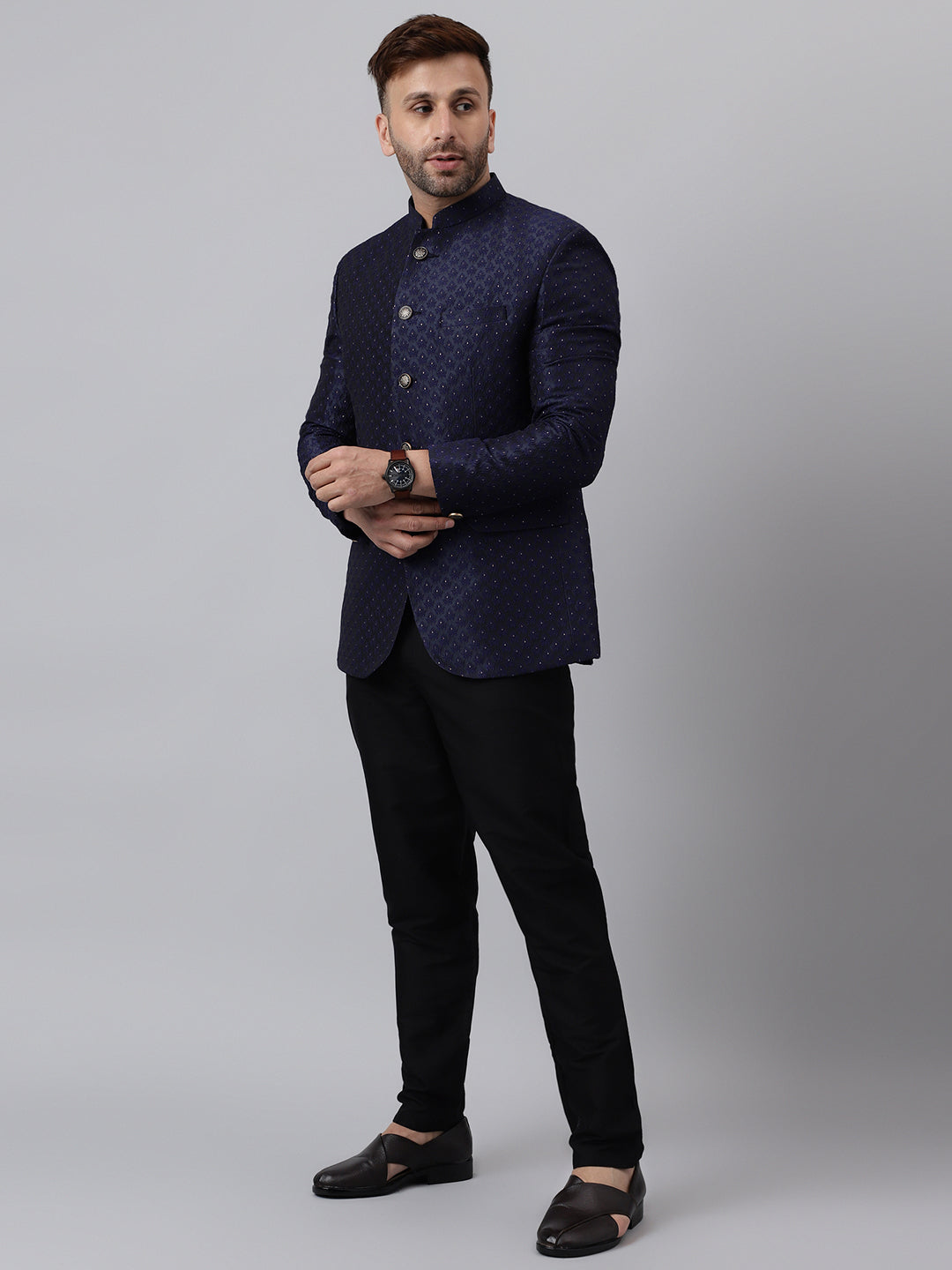 Hangup Men Ethnic Partywear Jacquard Navy Coat with Solid Black Elastic Pant Set