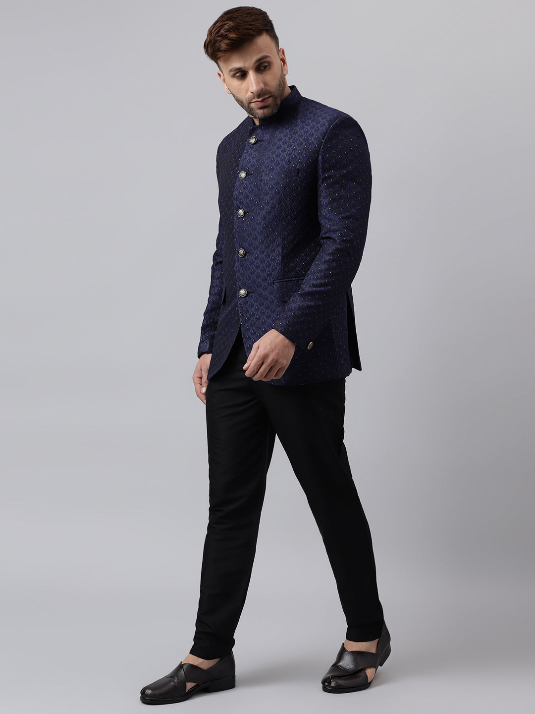 Hangup Men Ethnic Partywear Jacquard Navy Coat with Solid Black Elastic Pant Set