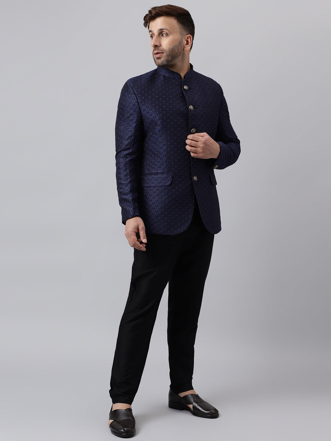 Hangup Men Ethnic Partywear Jacquard Navy Coat with Solid Black Elastic Pant Set