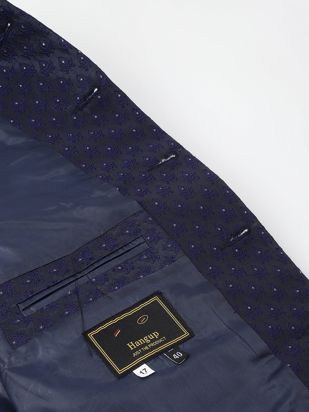 Hangup Men Ethnic Partywear Jacquard Navy Coat with Solid Black Elastic Pant Set