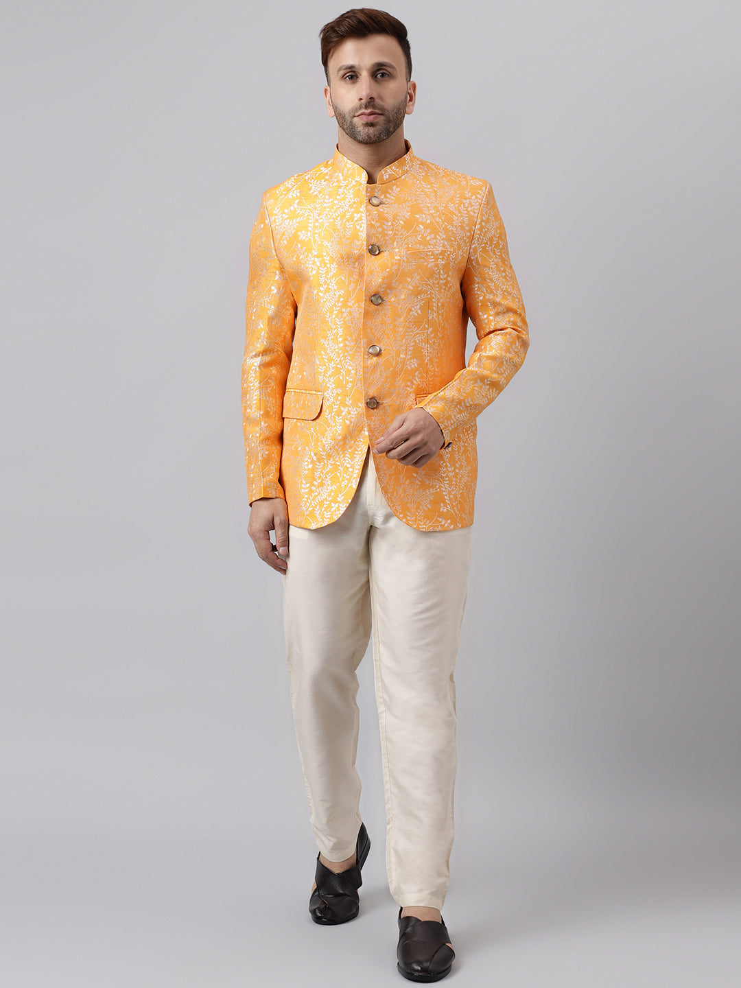 Hangup Men Ethnic Partywear Jacquard Orange Coat with Solid Cream Elastic Pant Set