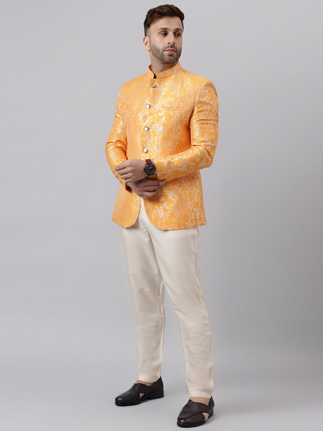 Hangup Men Ethnic Partywear Jacquard Orange Coat with Solid Cream Elastic Pant Set