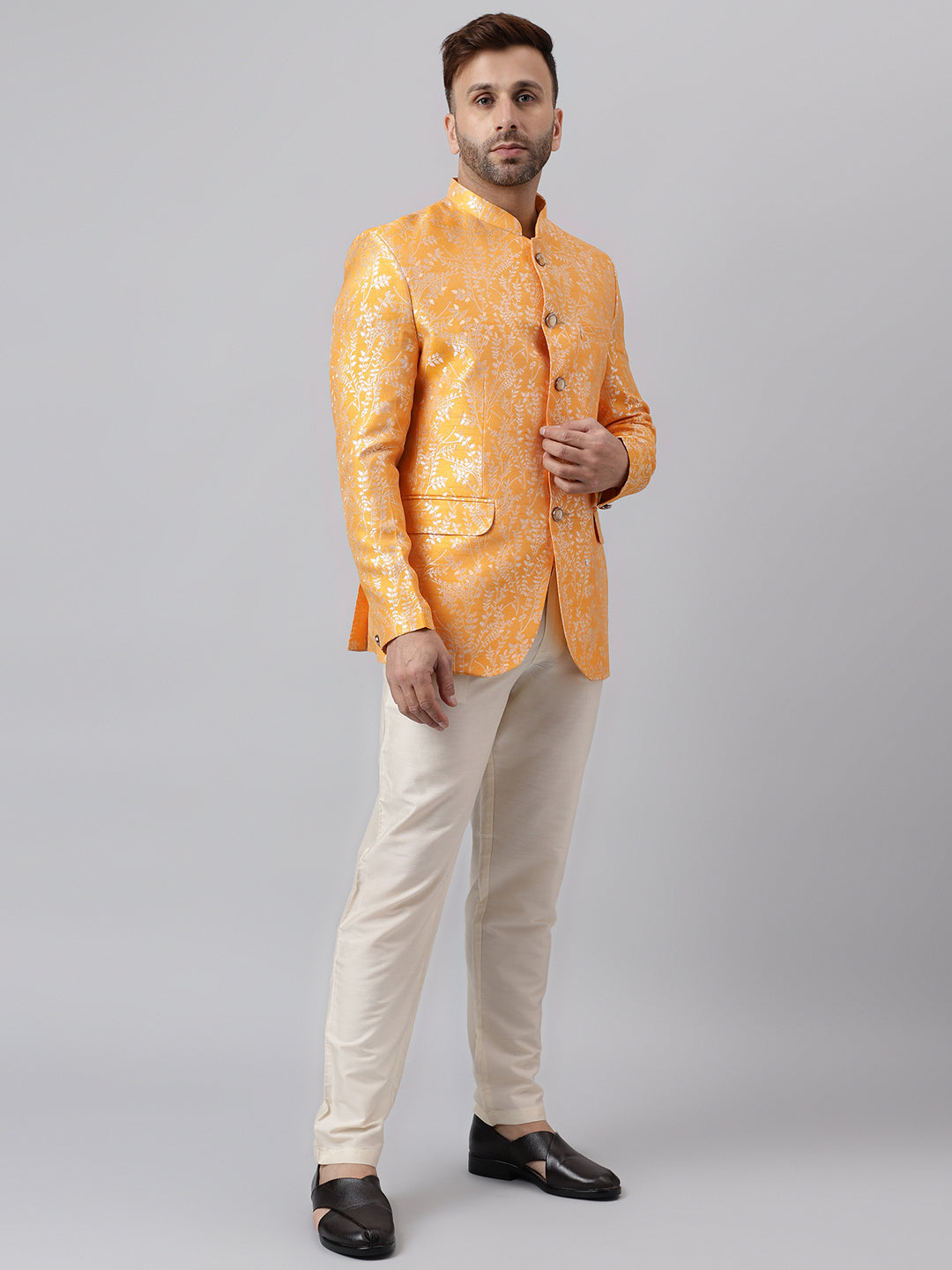 Hangup Men Ethnic Partywear Jacquard Orange Coat with Solid Cream Elastic Pant Set