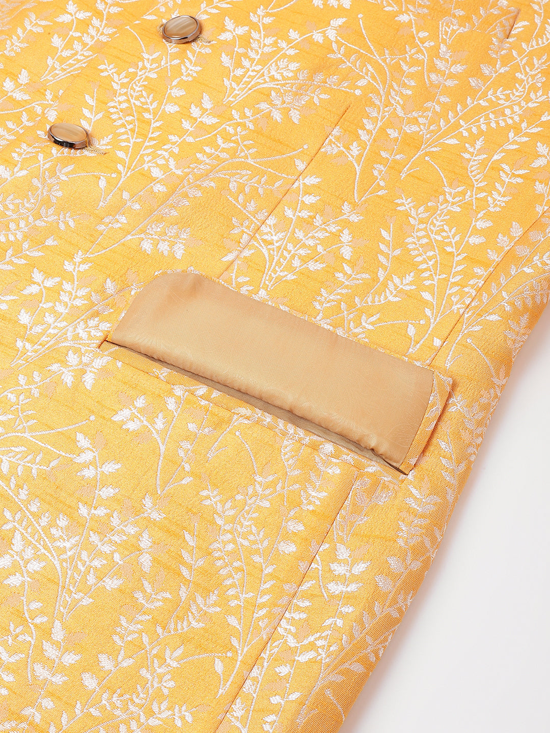 Hangup Men Ethnic Partywear Jacquard Orange Coat with Solid Cream Elastic Pant Set