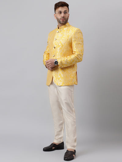 Hangup Men Ethnic Partywear Jacquard Yellow Coat with Solid Cream Elastic Pant Set