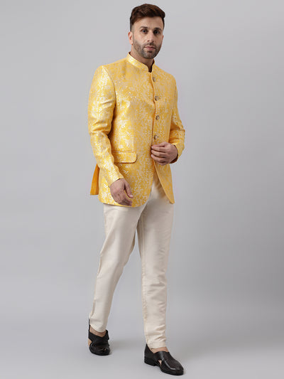 Hangup Men Ethnic Partywear Jacquard Yellow Coat with Solid Cream Elastic Pant Set