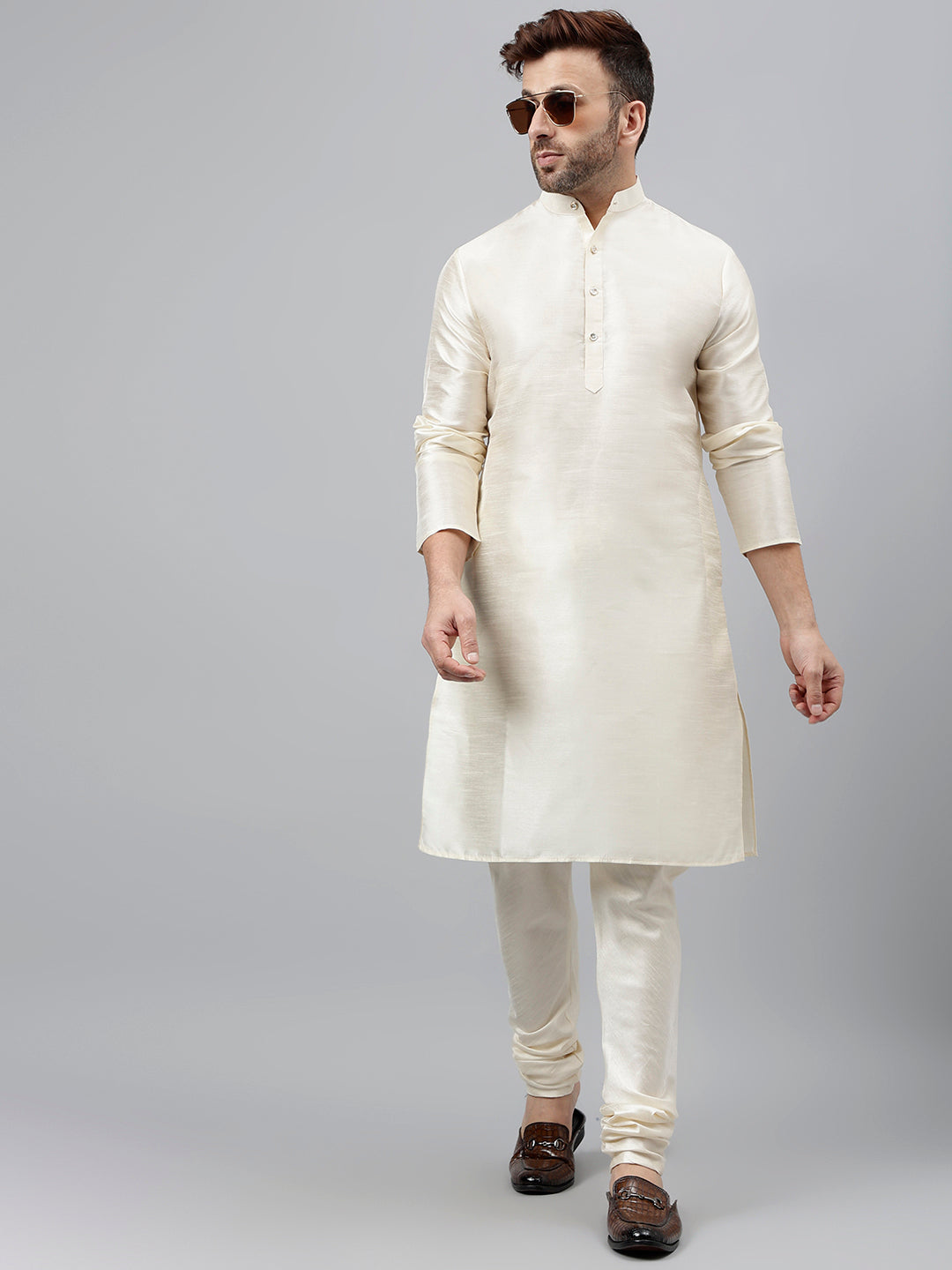 Hangup Men's Ethnic Solid Cream Kurta